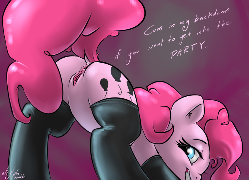 anus atryl cutie_mark equine friendship_is_magic hair hasbro horse leggings long_hair looking_at_viewer mlp my_little_pony pink_hair pinkie_pie pinkie_pie_(mlp) pony presenting pussy smile tail text