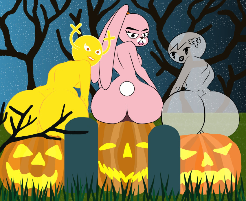 3_girls aged_up anais_watterson artist_request big_ass carrie_krueger halloween huge_ass jack-o'-lantern looking_at_viewer looking_back nude penny_fitzgerald pumpkin rear_view sitting the_amazing_world_of_gumball thick