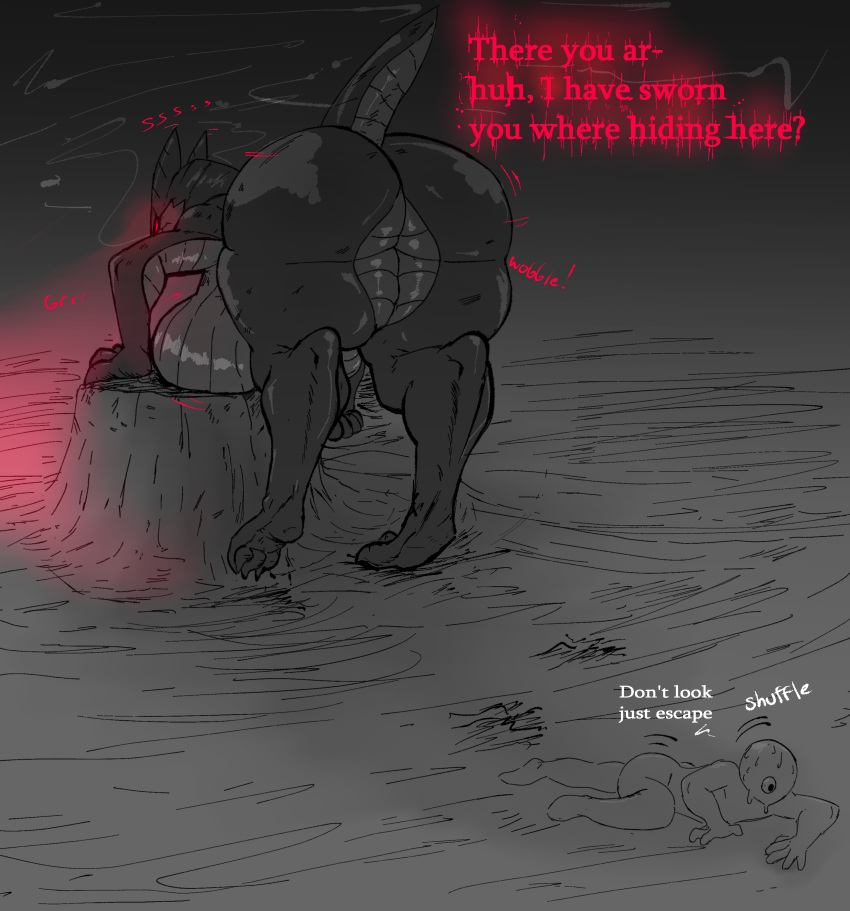 1girl 3_toes anthro ass big_ass big_breasts bodily_fluids breasts claws crawling dragon duo english_text erza_(repomorame) feet glowing glowing_eyes horn huge_ass huge_breasts male male_human/female_anthro nude original red_eyes repomorame scared size_difference smaller_male sweat sweatdrop tagme text thick_thighs toe_claws toes tree_stump