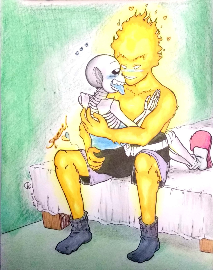 2010s 2018 2boys 2d 2d_(artwork) animated_skeleton ass ass_grab bed bigger_male black_socks blue_tongue bottom_sans bottomwear butt_grab digital_media_(artwork) duo facing_another fire_elemental grabbing_ass grillby grillby_(undertale) grillsans imminent_sex larger_male male male/male male_only mari_keiyou_(artist) mastery_position mk-doodles monster monster_boy on_bed pants partially_clothed pink_slippers sans sans_(undertale) sitting sitting_on_bed skeleton slippers smaller_male socks squeezing_ass squeezing_butt tongue tongue_out topless topless_male traditional_art traditional_media traditional_media_(artwork) uke_sans undead undertale undertale_(series) video_game_character video_games yaoi
