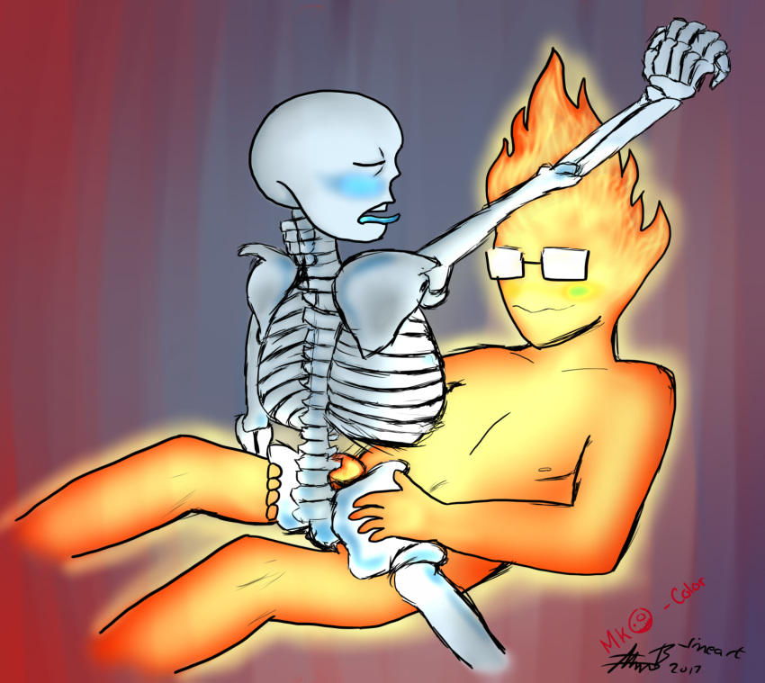 2010s 2017 2d 2d_(artwork) animated_skeleton artist_name blue_blush blue_tongue blush bottom_sans completely_nude completely_nude_male cowgirl_position crypticcrows digital_media_(artwork) ectotongue fire_elemental glasses glasses_only gradient_background grillby grillby_(undertale) grillsans male male/male male_only mari_keiyou_(artist) mk-doodles monster monster_boy nude nude_male orange_body penetration rectangular_eyewear rectangular_glasses sans sans_(undertale) seme_grillby sex skeleton top_grillby uke_sans undead undertale undertale_(series) video_game_character video_games yaoi