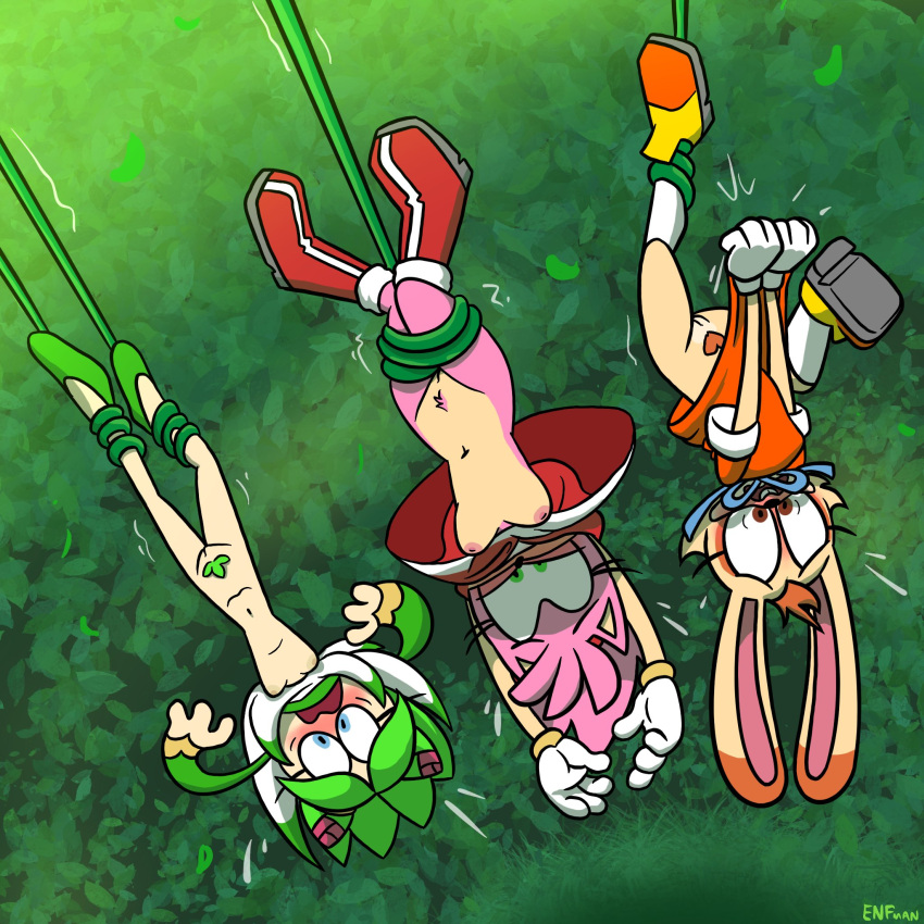 3_girls 3girls aged_up alien alien_girl amy_rose anthro blue_eyes blush bondage boots breasts brown_pubic_hair cosmo_the_seedrian cream_the_rabbit dress dress_shoes embarrassed embarrassed_nude_female female female_only female_pubic_hair furry gloves green_eyes green_hair green_pubic_hair hedgehog medium_breasts mostly_nude navel nipples no_bra no_panties no_underwear open_mouth pink_fur pink_pubic_hair plant plant_girl pubic_hair pussy rabbit scene_interpretation screaming seedrian sega senftember senftember_(2023) shoes small_breasts socks sonic_the_hedgehog_(series) sonic_x stomach theenfman upside-down wide_eyed