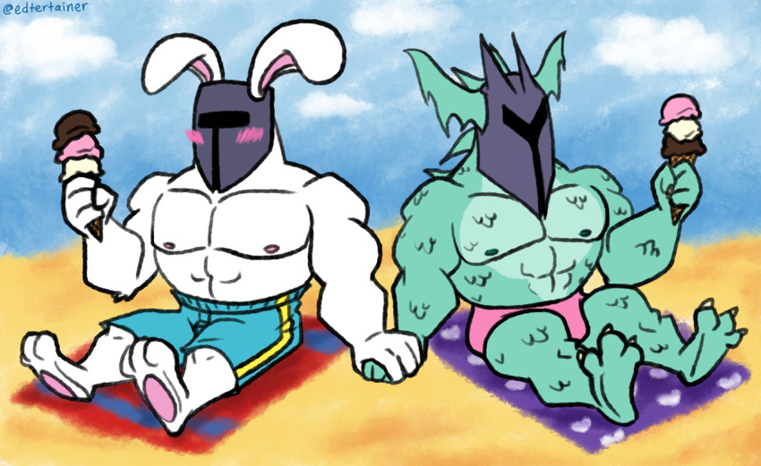 2010s 2015 2boys abs anthro anthro_only bara beach blush blush_stickers bunny dragon duo edtertainer food furry furry_male gloves green_body green_scales green_skin hair_tuft hand_holding helmet hert ice_cream lagomorph leporid male male/male male_nipples male_only monster monster_boy muscle muscular muscular_anthro muscular_male navel nipples outside pecs pectorals rabbit reptile rg01_(undertale) rg02_(undertale) scales scalie simple_background sitting sky swimming_trunks topless_anthro topless_male undertale undertale_(series) underwear unseen_male_face video_games white_body white_fur yaoi