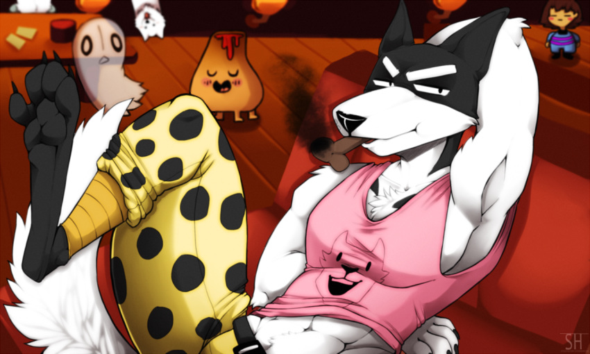 2d 2d_(artwork) anthro anthro_focus armpit armpits background_character bottomwear canid canine canis character_in_background digital_media_(artwork) dog dog_treat doggo_(undertale) domestic_dog foot frisk frisk_(undertale) furry furry_male ghost hand_behind_back indoors lesser_dog looking_at_viewer male male_focus muscular muscular_male napstablook object_in_mouth pants paws pecs pink_tank_top polka_dot_pants smoking solo_focus spazzyhusky tank_top tanktop topwear undertale undertale_(series) video_game_character video_games vulkin yellow_bottomwear yellow_pants