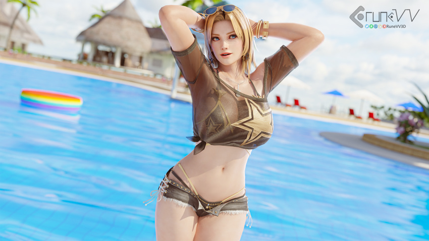 1girl alluring big_breasts blonde_hair blue_eyes dead_or_alive dead_or_alive_2 dead_or_alive_3 dead_or_alive_4 dead_or_alive_5 dead_or_alive_6 dead_or_alive_xtreme dead_or_alive_xtreme_2 dead_or_alive_xtreme_3_fortune dead_or_alive_xtreme_beach_volleyball dead_or_alive_xtreme_venus_vacation female_only outside pool posing see-through swimming_pool tecmo tina_armstrong wet_shirt wet_shorts ⲅⳙⲡⲵꮴꮴ