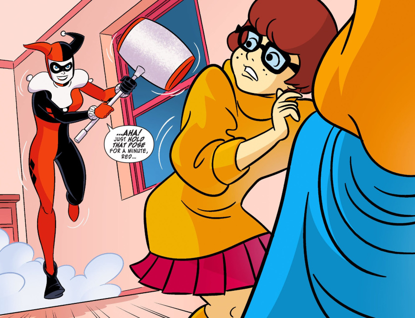 1girl 2_girls batman_(series) clothed comic crossover dialogue female_only harley_quinn harley_quinn_(classic) looking_at_another official_art scooby-doo speech_bubble velma_dinkley