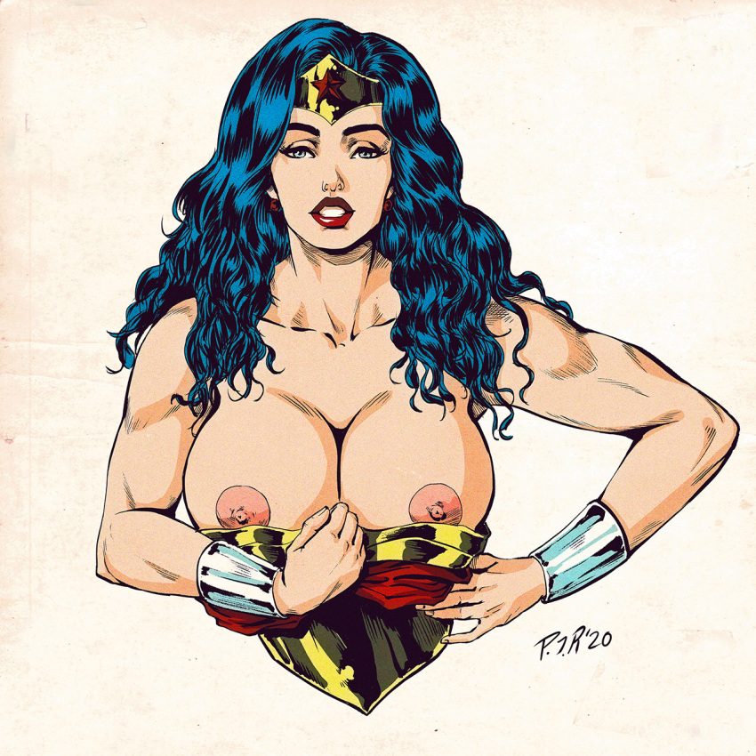 1girl 2020 areola big_breasts black_hair blue_eyes breasts bust bust_portrait clothed clothing dc_comics ear_piercing earrings long_hair nipples pablo_romero piercing portrait presenting presenting_breasts sexy sexy_breasts simple_background upper_body white_background wonder_woman