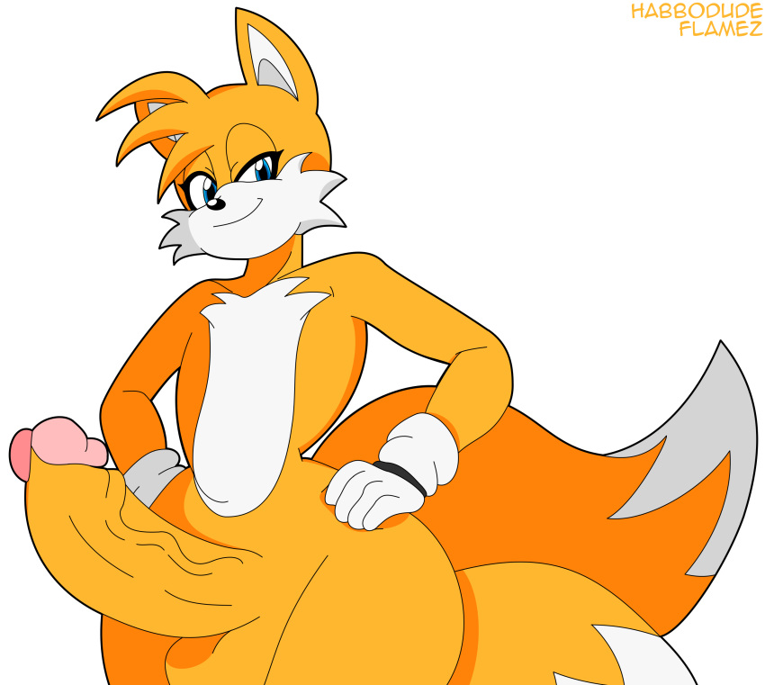 1boy absurd_res anthro balls big_penis fox furry genitals habbodude high_res huge_cock looking_at_viewer male miles_"tails"_prower penis sega solo sonic_the_hedgehog_(series) wide_hips