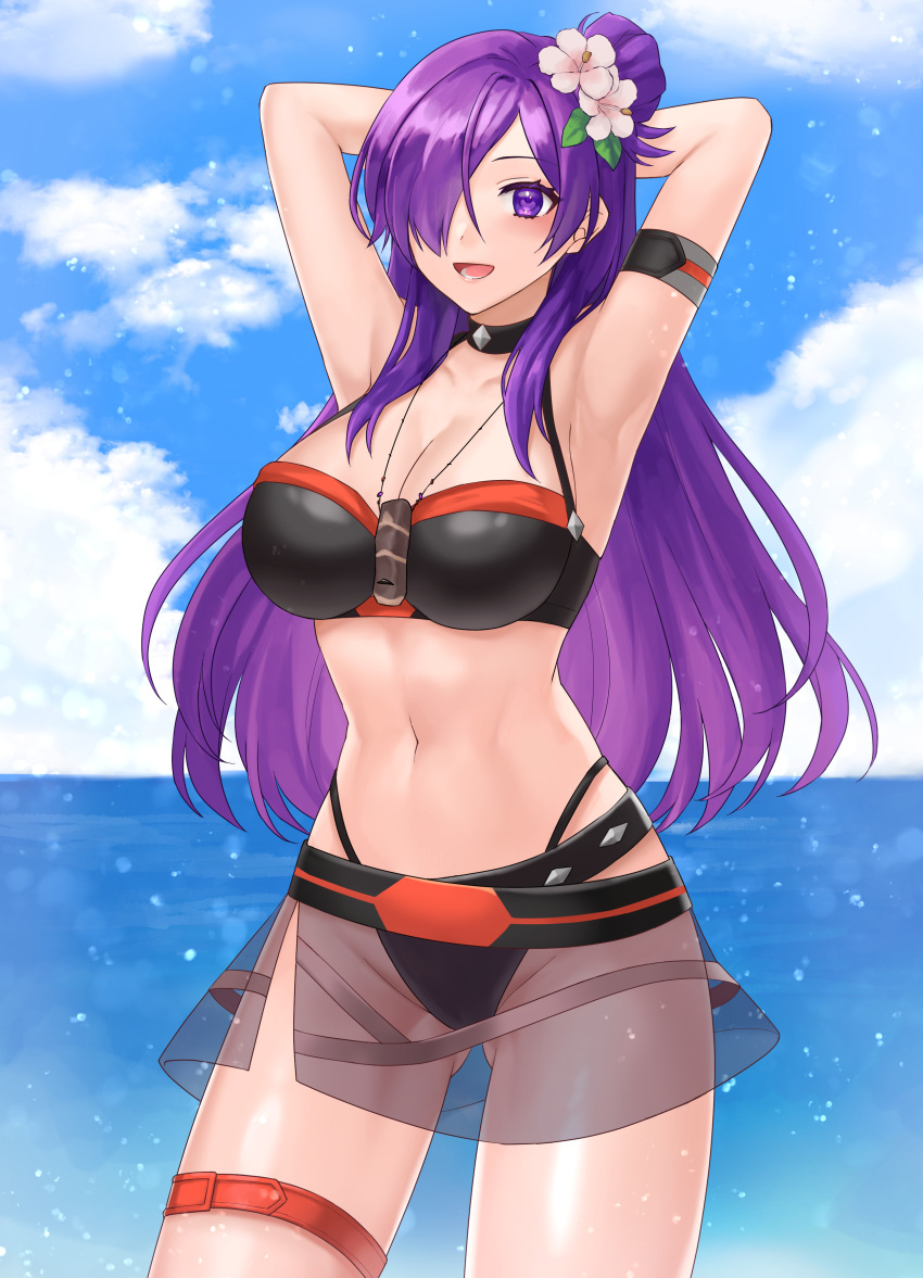 1girl 2023 absurd_res alluring alternate_costume armband arms_up ass_visible_through_thighs bare_shoulders big_breasts bikini bikini_skirt black_bikini black_choker black_swimsuit blue_sky breasts cameltoe choker cloud commentary commission cowboy_shot day female_only fire_emblem fire_emblem:_three_houses fire_emblem_heroes fire_emblem_warriors:_three_hopes flower groin hair_bun hair_flower hair_ornament hair_over_one_eye hazuki_(nyorosuke) high_res leaf light-skinned_female light_skin long_hair looking_at_viewer navel necklace nintendo official_alternate_costume open_mouth pink_flower purple_eyes purple_hair shez_(female)_(fire_emblem) shez_(female)_(summer)_(fire_emblem) shez_(fire_emblem) shez_(fire_emblem)_(female) skeb_commission sky smile standing stomach swimsuit thigh_strap thighs very_long_hair