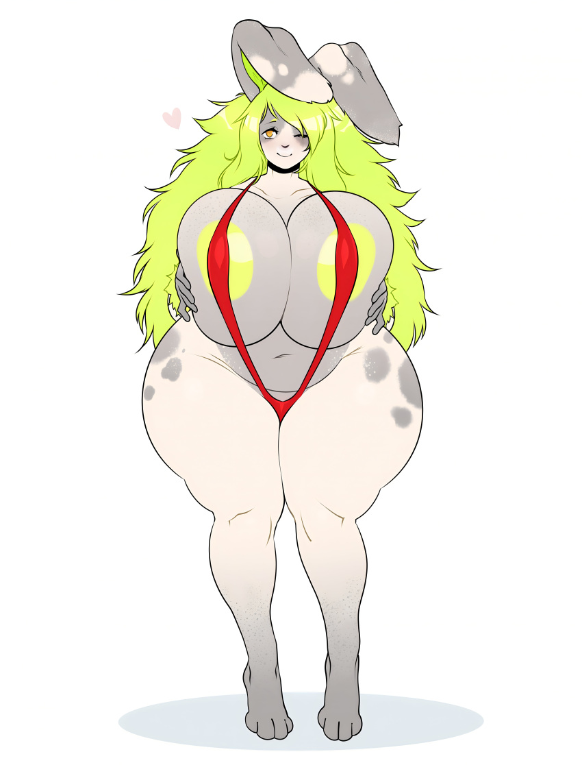 1girl big_ass big_breasts bikini bunny cute green_hair grey_fur kiwipotato rabbit_ears sling_bikini white_skin