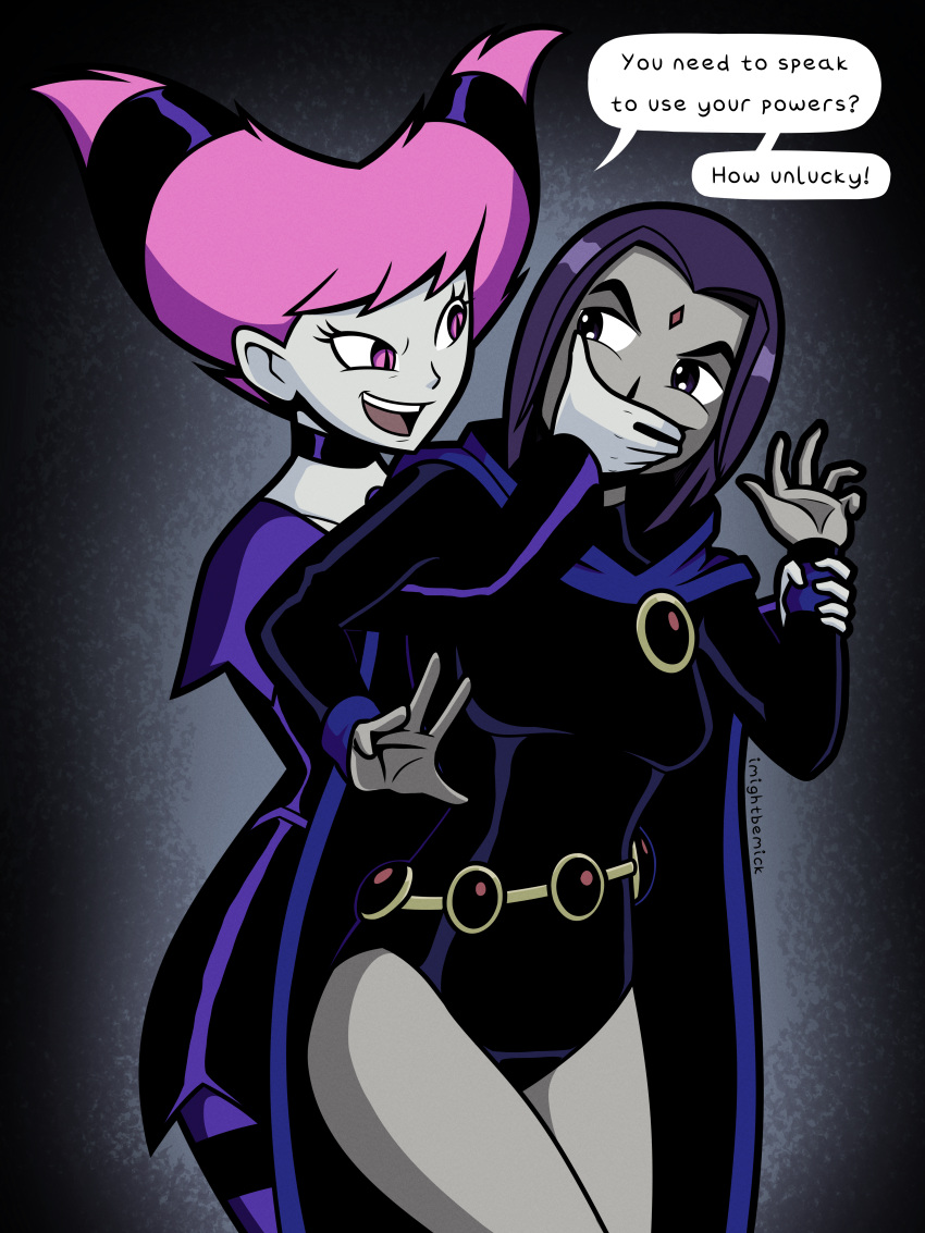 2girls dc_comics english_text female female_only femdom femsub hand_gag hand_gagged hand_over_another's_mouth held_from_behind imightbemick jinx looking_at_another older older_female pink_eyes pink_hair purple_eyes purple_hair raven_(dc) tagme teen_titans young_adult young_adult_female young_adult_woman