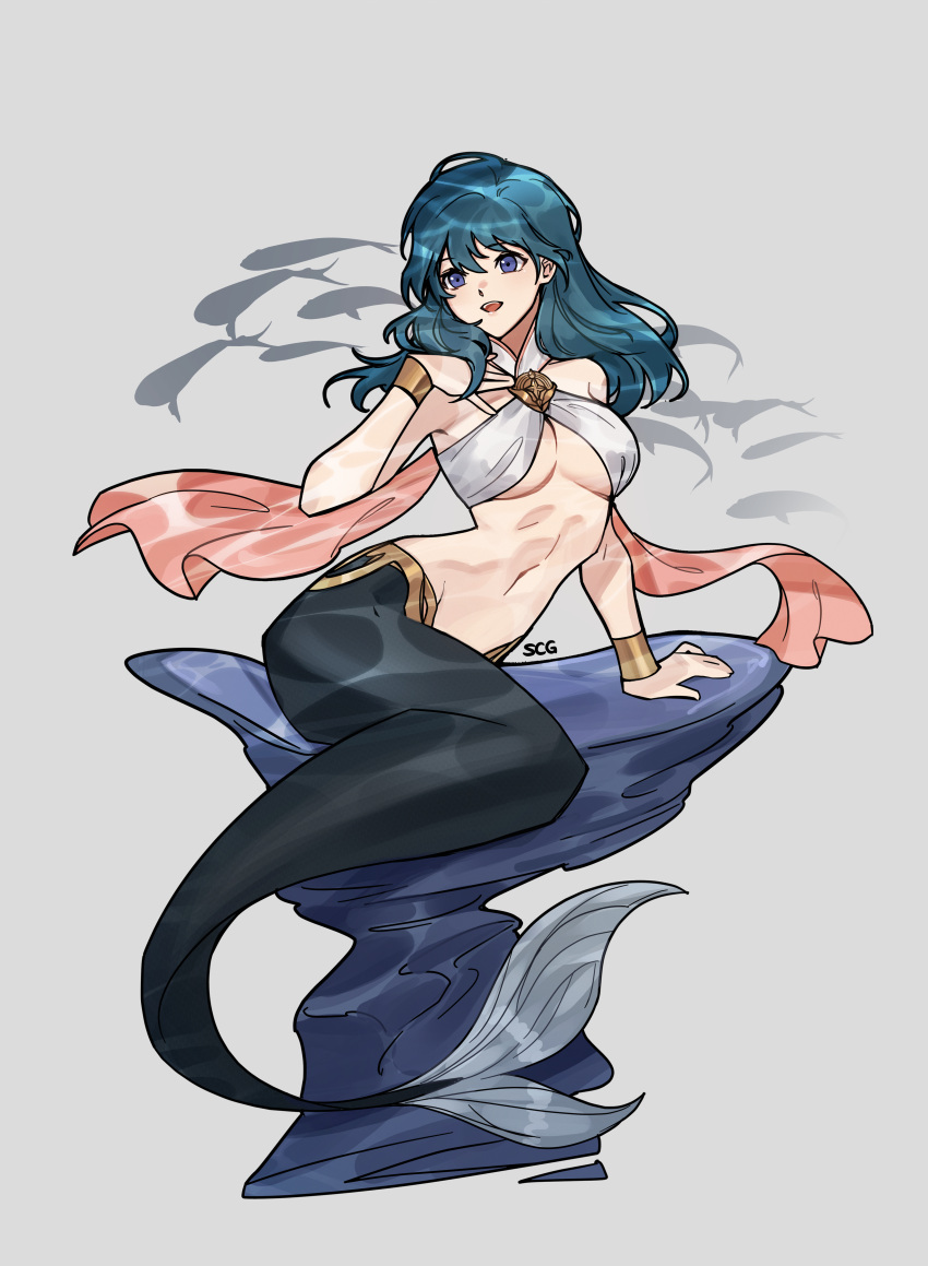 1girl absurd_res alluring arm_support blue_eyes breasts byleth_(female)_(fire_emblem) byleth_(fire_emblem) byleth_(fire_emblem)_(female) commission female_only fire_emblem fire_emblem:_three_houses full_body grey_background hair_between_eyes high_res medium_breasts mermaid nintendo open_mouth pixiv_commission silvercandy_gum simple_background sitting solo_female teal_hair teeth tongue under_boob watermark