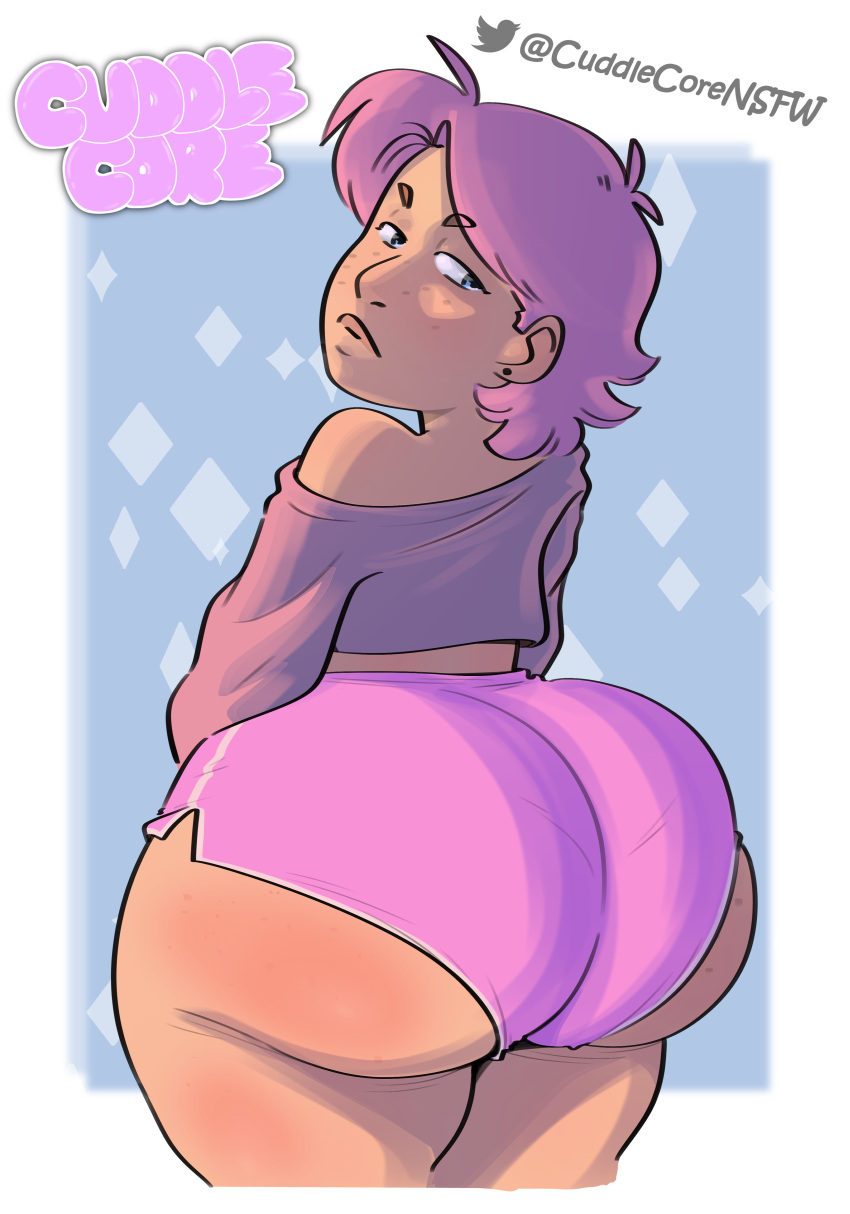 1boy big_ass big_lips booty_shorts bubble_butt cuddle_(cuddlecore) cuddlecore femboy feminine_male girly huge_ass hyper_bimbo looking_at_viewer looking_back round_ass round_butt solo_focus solo_male thick thick_ass thick_legs thick_lips thick_thighs wide_hips