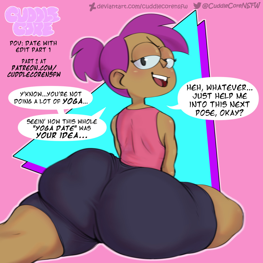 1girl 2023 2d ass ass_focus big_ass bubble_butt cartoon_network cuddlecore dat_ass enid enid_mettle female_only high_res high_resolution huge_ass looking_at_viewer looking_back ok_k.o.!_let's_be_heroes pinup purple_hair text text_bubble thick_ass thick_thighs thighs tight_clothing tight_pants yoga yoga_pants yoga_pose