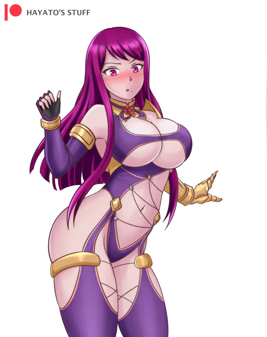 1girl alluring alternate_costume big_breasts blush breasts cleavage cosplay embarrassed fire_emblem fire_emblem_engage gloves hayato_stuff isabella_valentine_(cosplay) ivy_(fire_emblem) navel nintendo purple_eyes purple_hair revealing_clothes soul_calibur under_boob