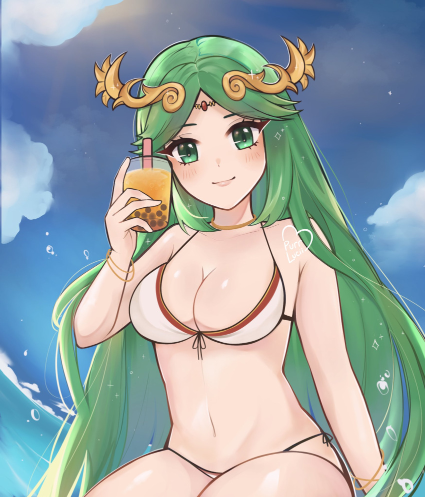 1girl alluring alternate_costume bikini blush bracelet breasts bubble_tea cloud cup drinking_straw eyelashes forehead_jewel green_eyes green_hair high_res holding holding_cup jewelry kid_icarus long_hair looking_at_viewer navel nintendo ocean palutena purrlucii signature sky smile sparkle string_bikini sunlight swimsuit