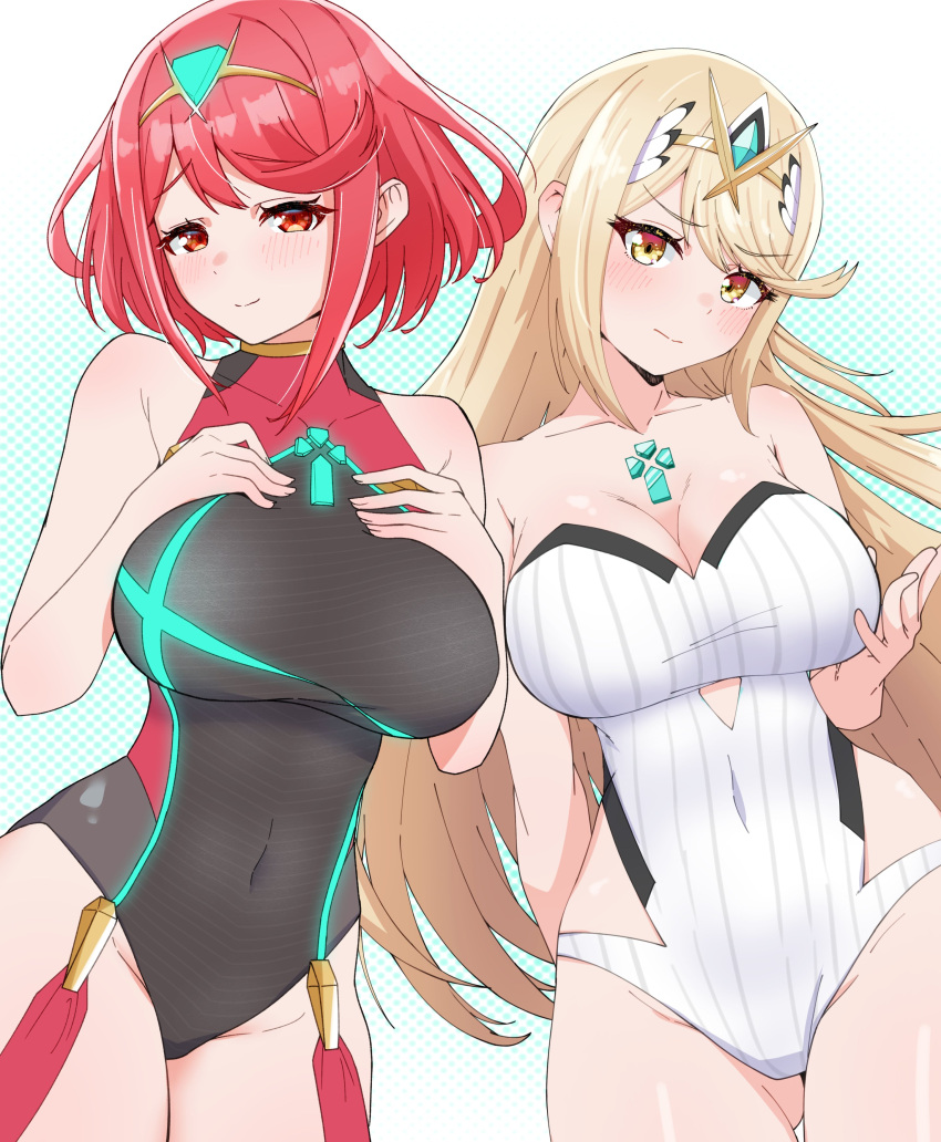 2_girls absurd_res ailf alluring bare_shoulders big_breasts black_one-piece_swimsuit blonde_hair blue_background breasts circlet cleavage closed_mouth core_crystal_(xenoblade) cowboy_shot high_res kamidan long_hair looking_at_viewer medium_hair milf multiple_girls mythra mythra_(radiant_beach)_(xenoblade) mythra_(xenoblade) nintendo one-piece_swimsuit polka_dot polka_dot_background pyra pyra_(pro_swimmer)_(xenoblade) pyra_(xenoblade) red_eyes red_hair silf smile strapless strapless_swimsuit swept_bangs swimsuit very_long_hair white_one-piece_swimsuit xenoblade_(series) xenoblade_chronicles_(series) xenoblade_chronicles_2 yellow_eyes