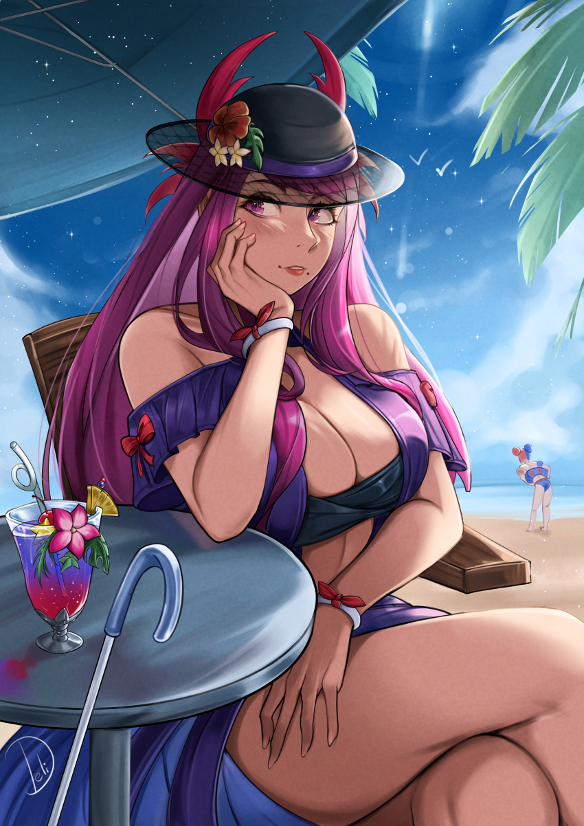 2_girls absurd_res alear_(female)_(fire_emblem) alear_(fire_emblem) alternate_hairstyle bare_shoulders beach big_breasts black_headwear blue_hair blue_one-piece_swimsuit blue_sky blush breasts cleavage cloud commentary cup day delicious_brain drinking_glass drinking_straw female_focus fire_emblem fire_emblem_engage fire_emblem_heroes flower hand_up hat hat_flower high_res ivy_(fire_emblem) ivy_(summer)_(fire_emblem) long_hair looking_at_viewer matching_hair/eyes mole mole_under_mouth multicolored_hair multiple_girls nintendo official_alternate_costume one-piece_swimsuit parted_lips purple_eyes purple_hair red_flower red_hair see-through signature sitting sky smile swimsuit table thighs tropical_drink two-tone_hair very_long_hair
