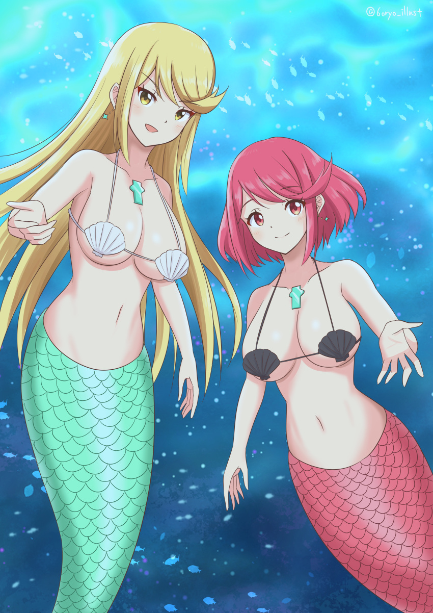 2girls 6oryo_illust absurd_res alluring alternate_costume big_breasts blonde_hair breasts chest_jewel cleavage core_crystal dual_persona earrings female female_focus female_only high_res huge_breasts jewelry looking_at_viewer matching_hair/eyes mermaid midriff multiple_girls mythra mythra_(xenoblade) navel nintendo ocean pyra pyra_(xenoblade) red_eyes red_hair sea shell shell_bikini under_boob underwater water xenoblade_(series) xenoblade_chronicles_(series) xenoblade_chronicles_2 yellow_eyes
