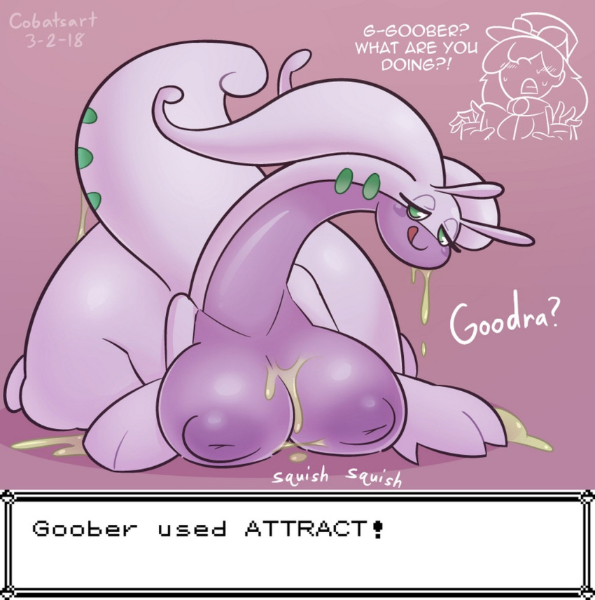 1girl 3_fingers 5_fingers all_fours anthro bedroom_eyes big_breasts blush breast_rest breasts clothed clothing cobatsart comic curvy_figure dialogue dragon duo english_text exclamation_point eyelashes eyewear fingers fully_clothed gastropod gen_6_pokemon goober_(cobat) goodra green_eyes hair hair_over_eyes half-closed_eyes hat headgear headwear high_res inverted_nipples jacket licking licking_lips looking_at_viewer mollusk narrowed_eyes nintendo nipples non-mammal_breasts nude offscreen_character pokemon pokemon_(species) pokemon_trainer purple_nipples question_mark seductive self_lick simple_background slime smaller_version_at_source smile sound_effects sunglasses tail text tongue tongue_out topwear trainer-kun voluptuous wide_hips