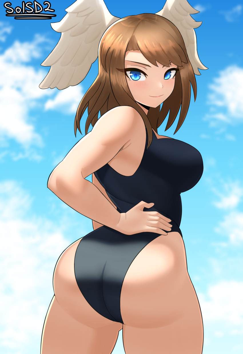 1girl alluring ass big_ass big_breasts blue_eyes breasts brown_hair eunie_(xenoblade) eyebrows female_only looking_at_viewer looking_back medium_hair smile sol-sama_d2 solo_female standing thick_thighs thighs xenoblade_(series) xenoblade_chronicles_3