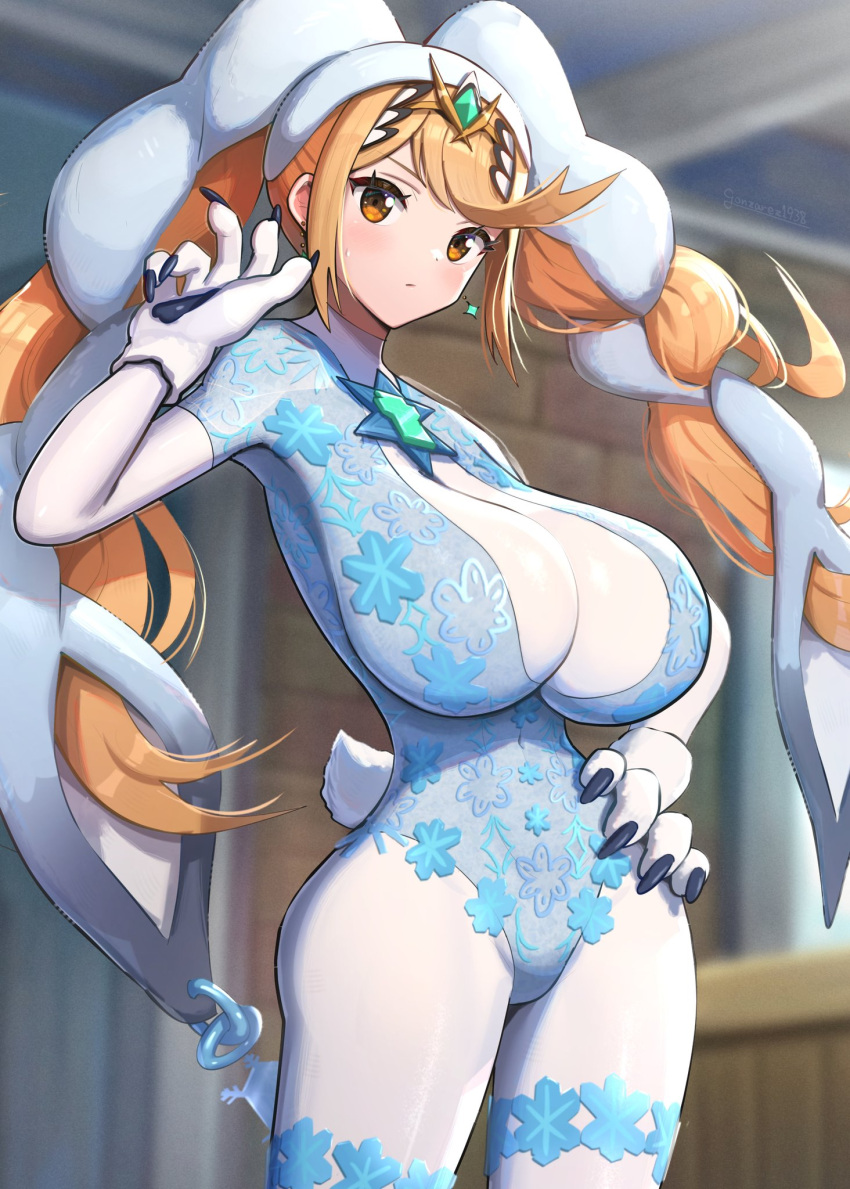 1girl alluring big_breasts blonde_hair breasts bunny_ears bunnysuit core_crystal cosplay dahlia_(xenoblade) gonzarez jewelry looking_at_viewer mythra nintendo paws snow xenoblade_(series) xenoblade_chronicles_2 yellow_eyes