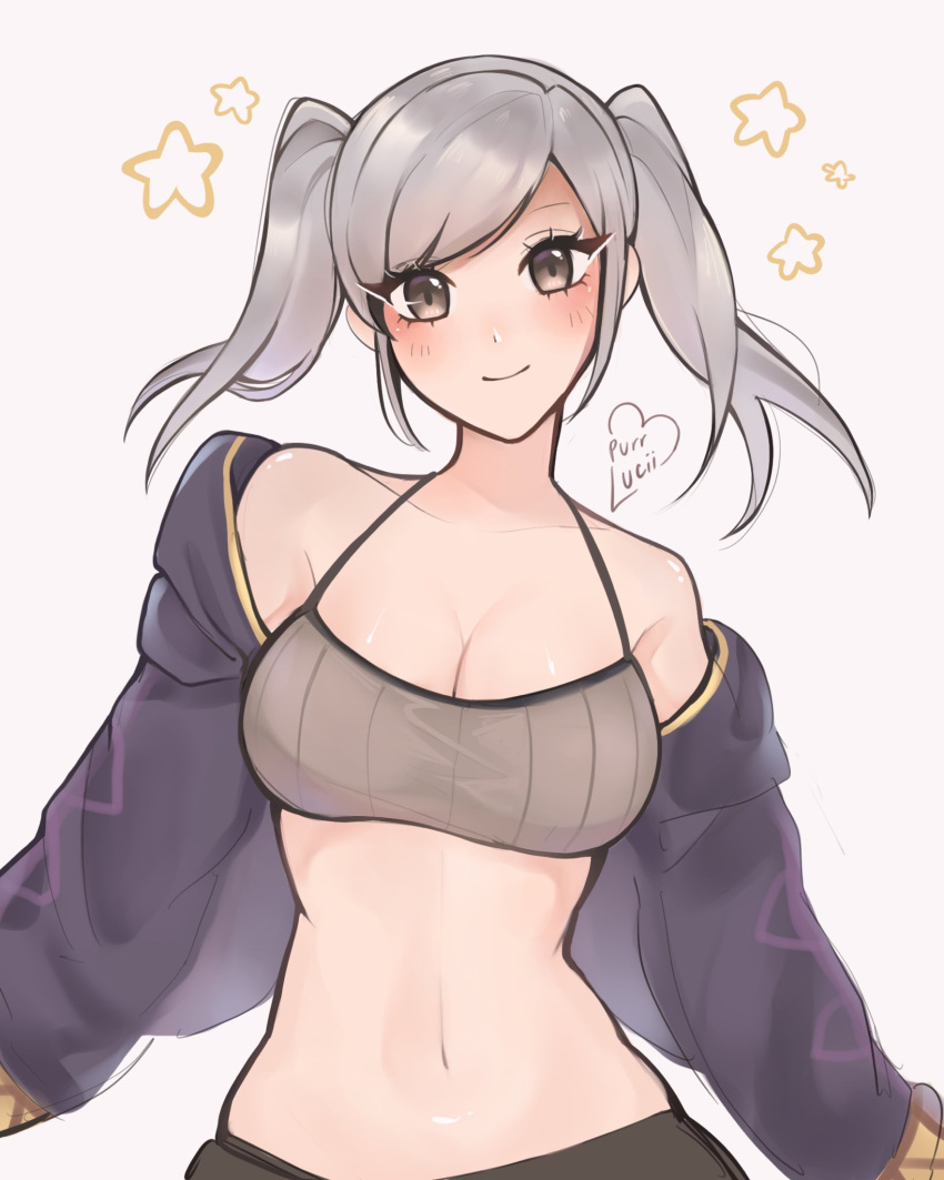 1girl 1girl 1girl alluring bandeau bare_shoulders breasts camisole cleavage commentary english_commentary female_only fire_emblem fire_emblem_awakening grey_background grey_eyes grey_hair high_res jacket long_hair long_sleeves looking_at_viewer medium_breasts midriff nintendo open_clothes open_jacket purple_jacket purrlucii robin_(fire_emblem) robin_(fire_emblem)_(female) simple_background smile stomach swept_bangs twin_tails upper_body