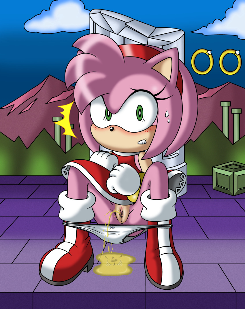 1girl amy_rose bare_legs bird boots pee pink_skin red_dress sonic_the_hedgehog_(series) underwear_down urinating