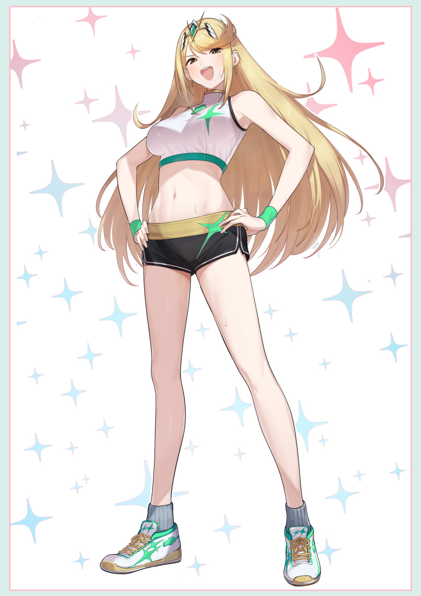 1girl alluring athletic_female big_breasts black_shorts blonde_hair breasts core_crystal crop_top earrings green322 hand_on_hip long_hair looking_at_viewer midriff mythra navel nintendo running_shoes short_shorts shorts socks tiara white_crop_top workout_clothes wristband xenoblade_(series) xenoblade_chronicles_2 yellow_eyes
