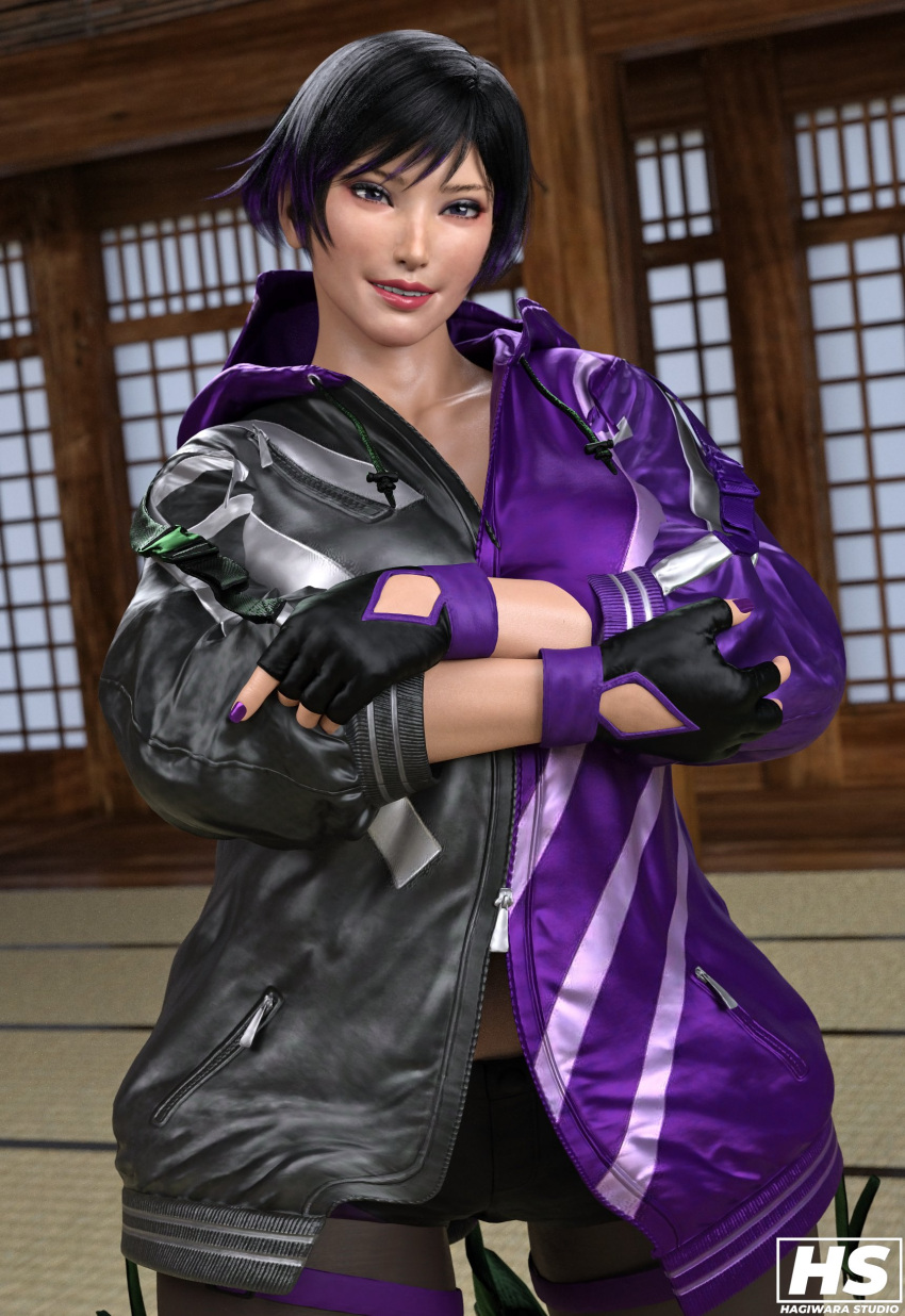 1girl 2024 3d 3d_(artwork) alluring artist_logo artist_signature asian asian_female athletic athletic_female bangs big_breasts black_and_purple_hair black_hair breasts clothed clothed_female clothing color colored fanart female_focus female_only fingerless_gloves fit_female full_color gloves grin hagiwara_studio hair jacket japanese japanese_female light-skinned_female light_skin lips lipstick looking_at_viewer multicolored_hair nail_polish nails namco purple_eyes purple_hair purple_nail_polish purple_nails red_lipstick reina_(tekken) reina_mishima seductive short_hair smile smiling_at_viewer solo_female solo_focus stockings tekken tekken_8 thick_thighs thighs video_game video_game_character video_game_franchise video_games voluptuous voluptuous_female
