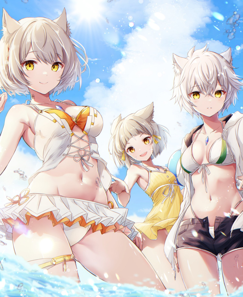 3_girls alluring alternate_hairstyle ancestor_and_descendant bare_shoulders big_breasts bikini black_shorts breasts cat_ears cat_girl core_crystal curvy family female_only high_res looking_at_viewer medium_breasts midriff milf mio_(xenoblade) monolith_soft mother_&amp;_daughter multiple_girls na'el_(xenoblade) navel nia nintendo official_alternate_costume orange_swimsuit shorts silver_hair slim_waist sundress swimsuit thick_thighs thighs ui_frara voluptuous water wet wide_hips xenoblade_(series) xenoblade_chronicles_2 xenoblade_chronicles_3 xenoblade_chronicles_3:_future_redeemed yellow_eyes
