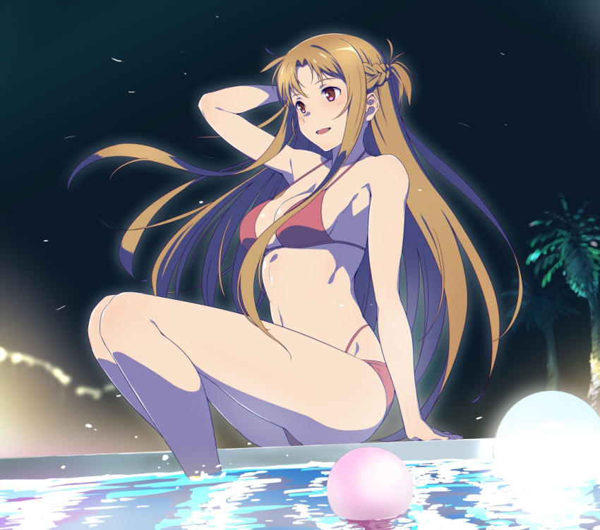 1girl alluring alternate_costume arm_up asuna_(sao) bare_legs bikini braid breasts brown_eyes brown_hair floating_hair french_braid long_hair medium_breasts navel night night_sky open_mouth outside palm_tree partially_submerged pool puge red_bikini short_ponytail sky smile swimming_pool swimsuit sword_art_online tree very_long_hair