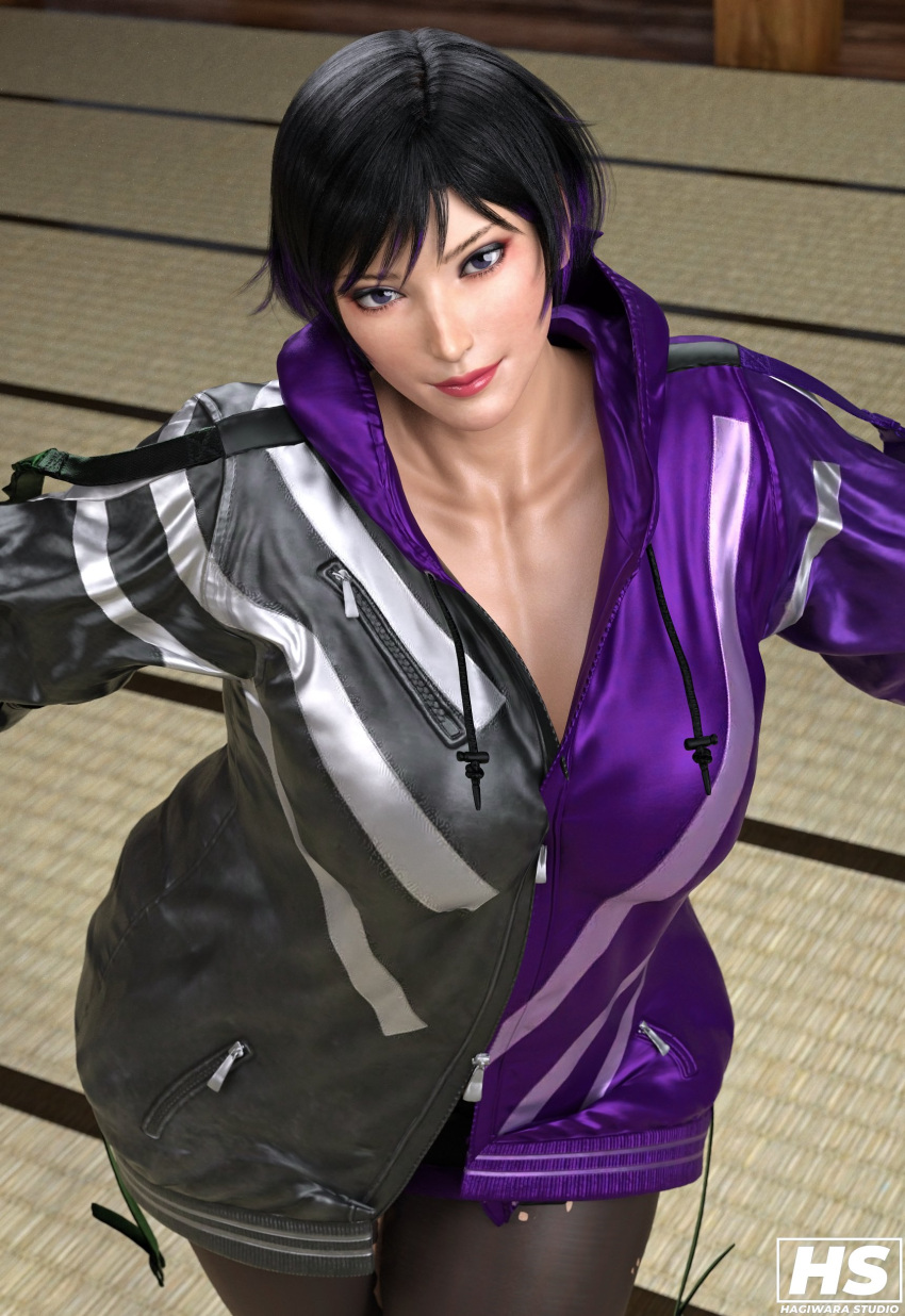 1girl 2024 3d 3d_(artwork) alluring artist_logo artist_signature asian asian_female athletic athletic_female bangs big_breasts black_and_purple_hair black_hair breasts clothed clothed_female clothing color colored fanart female_focus female_only fingerless_gloves fit_female full_color gloves grin hagiwara_studio hair jacket japanese japanese_female light-skinned_female light_skin lips lipstick looking_at_viewer multicolored_hair nail_polish nails namco purple_eyes purple_hair purple_nail_polish purple_nails red_lipstick reina_(tekken) seductive short_hair smile smiling_at_viewer solo_female solo_focus stockings tekken tekken_8 thick_thighs thighs video_game video_game_character video_game_franchise video_games voluptuous voluptuous_female