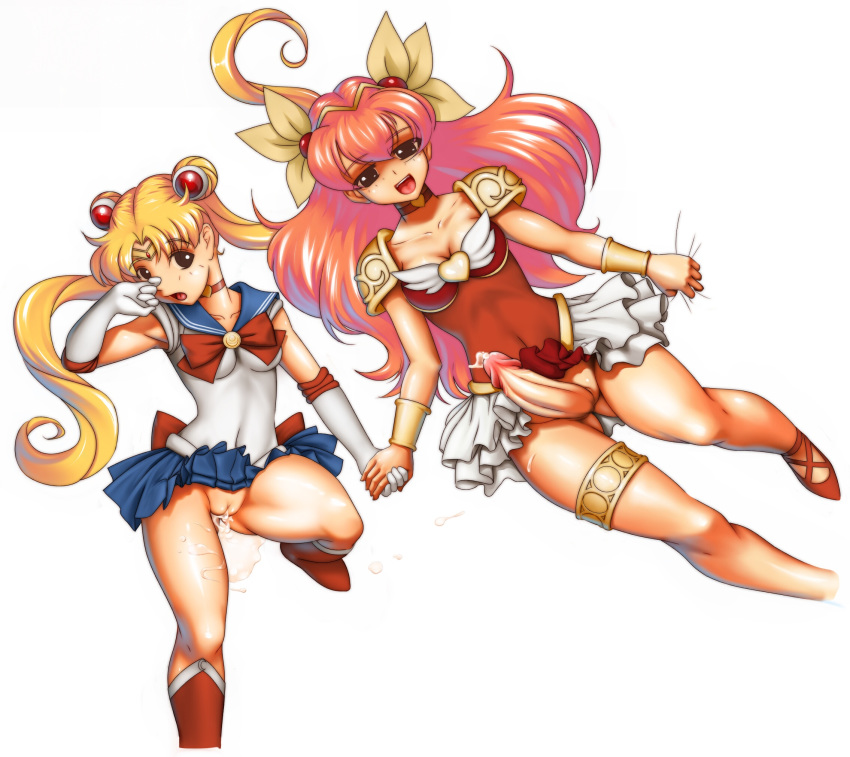 2girls after_sex angel_peach bishoujo_senshi_sailor_moon blue_skirt blush boots bow breasts choker cleavage crossover cum cum_in_pussy cum_inside cum_pool cumpool elbow_gloves futanari futanari_on_female futanari_with_female gloves hanasaki_momoko hand_holding highres holding_hands knee_boots magical_girl no_panties open_mouth red_bow sailor_moon skirt skirt_lift tsukino_usagi uncensored usagi_tsukino utilizator wedding_peach white_gloves yellow_bow