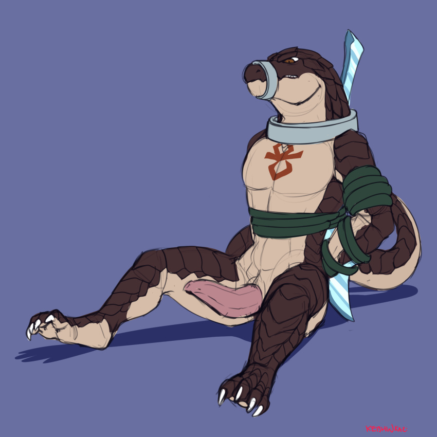 1boy 2018 2d 2d_(artwork) abs animal_genitalia anime anthro anthro_only arms_tied artist_name ass bara blue_background bondage bondage_gear bound brown_body brown_scales brown_skin claws collar digital_media_(artwork) erection genital_slit genitals keishinkae lizard lizard_boy lizardman lizardman_(overlord) looking_at_viewer looking_up male male_anthro male_only markings melee_weapon muzzle_(object) nude open_mouth overlord_(maruyama) pecs penis reptile scales scalie simple_background sitting slit smaller_version_at_source solo_anthro solo_male spread_legs spreading sword tail tapering_penis tattoo third-party_source toe_claws tribal_tattoo vein weapon zaryusu_shasha