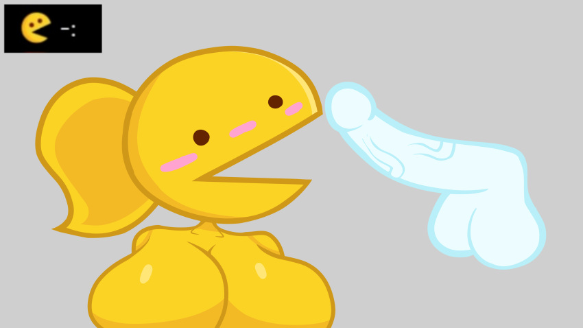 1boy 1girl :v blush breasts emoji jp20414(artist) pac-man pacgirl penis reference_image yellow_body