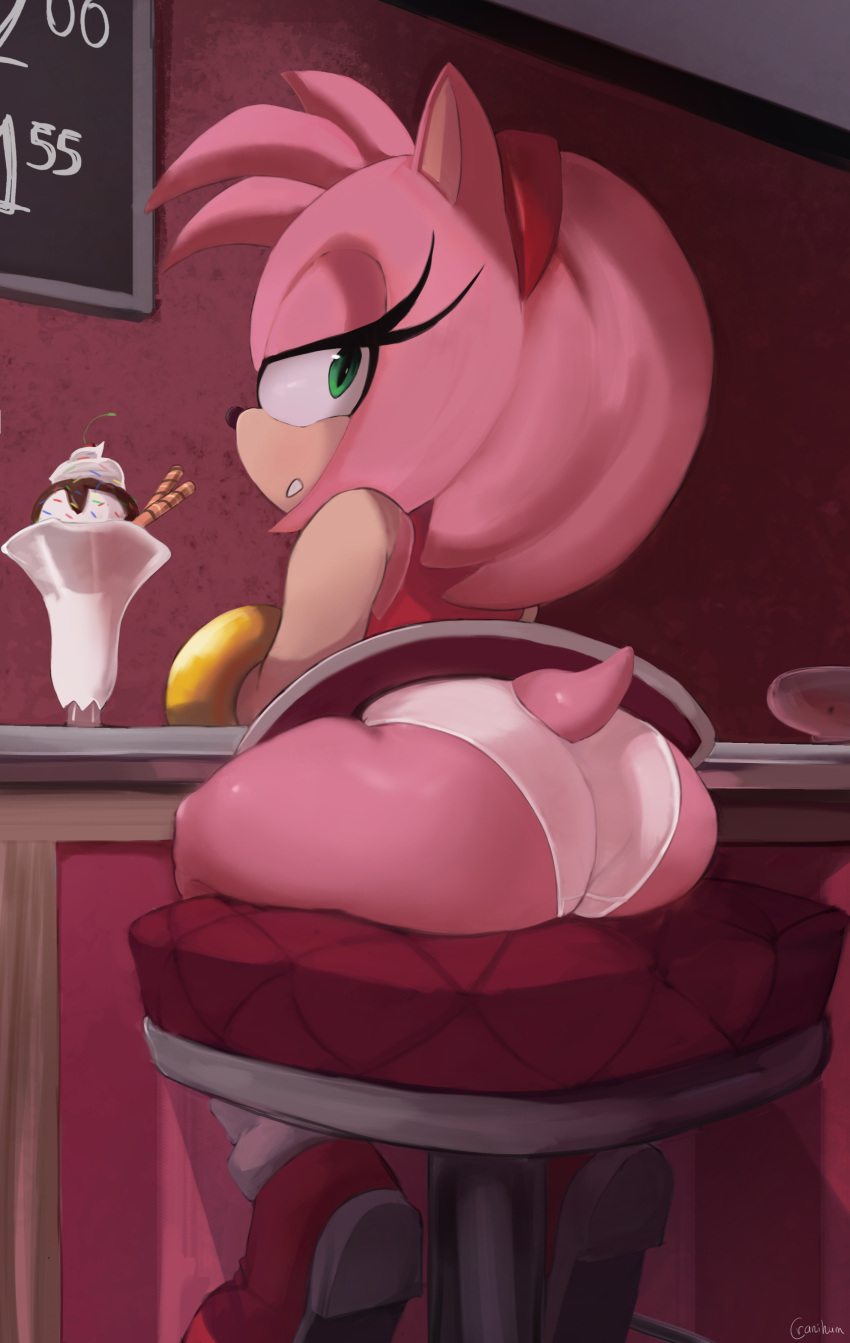 1girl amy_rose anthro ass big_ass clothed cranihum dat_ass dress female female_only furry hedgehog looking_at_viewer looking_back panties sega shoes skirt solo sonic_the_hedgehog_(series) underwear upskirt white_panties white_underwear