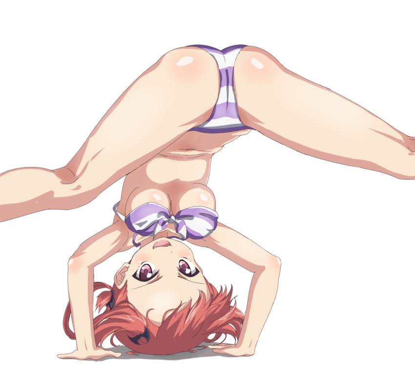 1girl 1girl ass bat_hair_ornament big_breasts blush bra breasts cameltoe commentary_request fang gabriel_dropout groin hair_ornament navel open_mouth panties red_eyes red_hair satanichia_kurumizawa_mcdowell simple_background sincos smile striped striped_bra striped_panties underwear white_background
