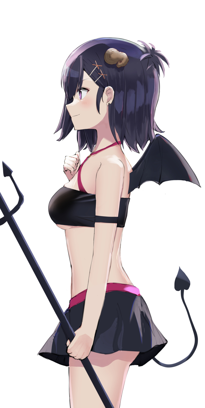 1girl 1girl absurd_res arm_strap bandeau bare_shoulders black_hair black_skirt breasts closed_mouth cowboy_shot demon_girl demon_horns demon_tail demon_wings from_side gabriel_dropout hair_ornament hairclip high_res holding horns medium_breasts midriff miniskirt polearm profile purple_eyes revealing_clothes short_hair simple_background skirt sleeveless smile sounuryu_ta spaghetti_strap standing tail thighs trident under_boob vignette_tsukinose_april weapon white_background wings x_hair_ornament