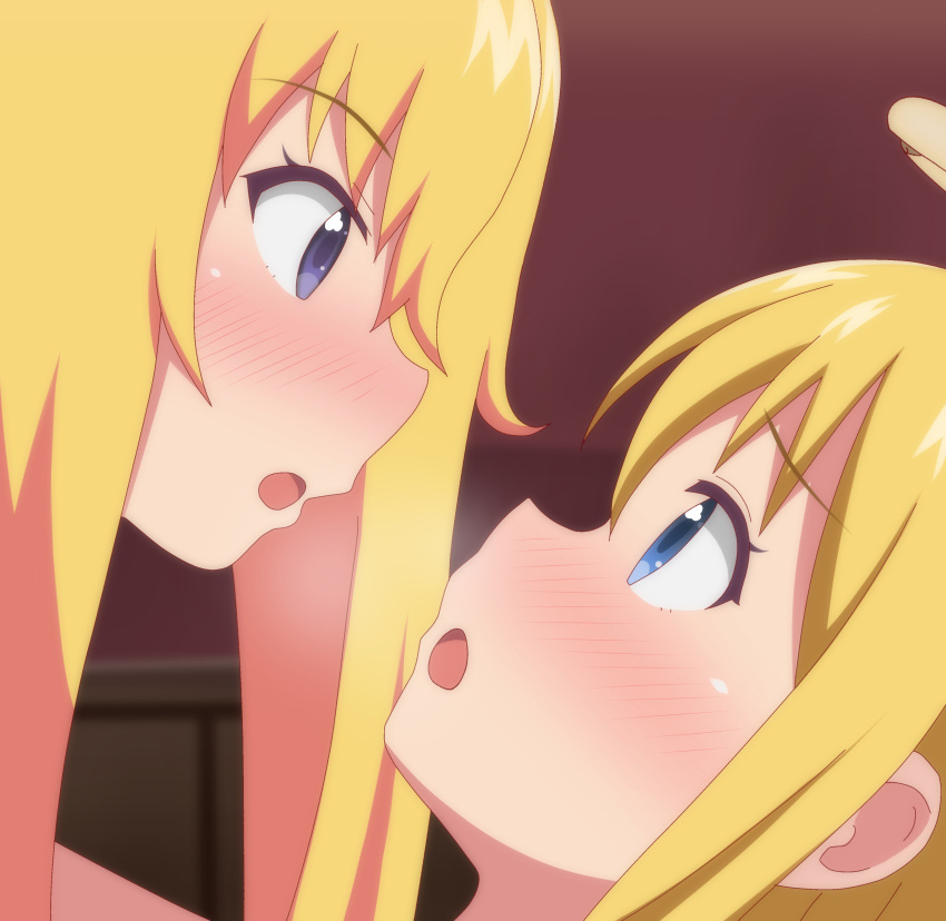 1girl 1other :o absurd_res angel bed blonde_hair blue_eyes blush broken_halo crimvael crossover eye_contact face-to-face facing_another gabriel_dropout gabriel_tenma_white halo heavy_breathing high_res ishuzoku_reviewers long_hair look-alike looking_at_another nose_blush open_mouth poa_mellhen purple_eyes tomita_miyu trait_connection voice_actor_connection