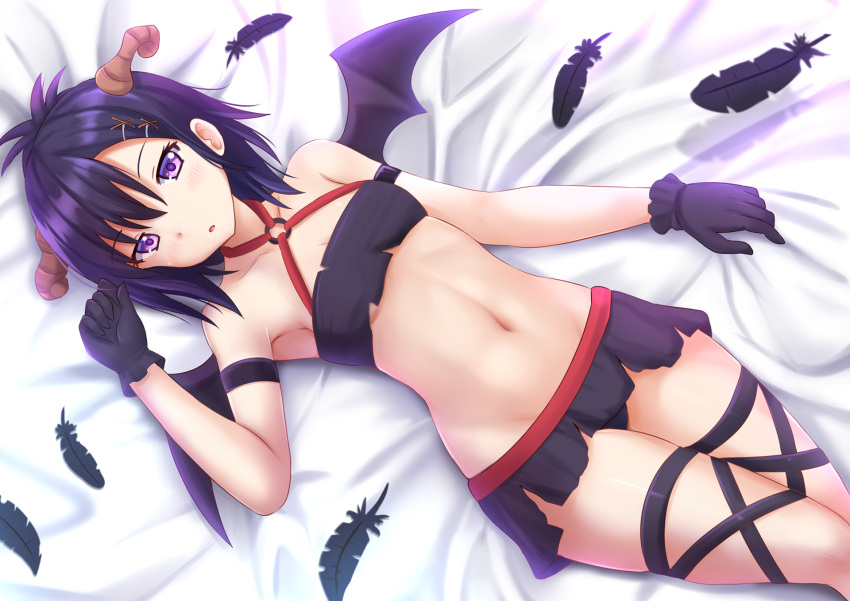 1girl 1girl :o armband armpits bandeau bare_shoulders bed_sheet black_gloves black_panties breasts collarbone commentary_request criss-cross_halter demon_wings dutch_angle eyelashes feathers gabriel_dropout gloves groin hair_between_eyes hair_ornament hairclip hallelujah_essaim halterneck high_res horns kazenokaze looking_at_viewer lying microskirt midriff navel o-ring o-ring_top on_back on_bed panties parted_lips purple_eyes purple_gloves purple_hair purple_panties purple_ribbon purple_skirt purple_wings revision ribbon shadow sheet_grab short_hair skirt small_breasts stomach strapless thigh_strap torn_clothes torn_skirt under_boob underwear vignette_tsukinose_april wings x_hair_ornament