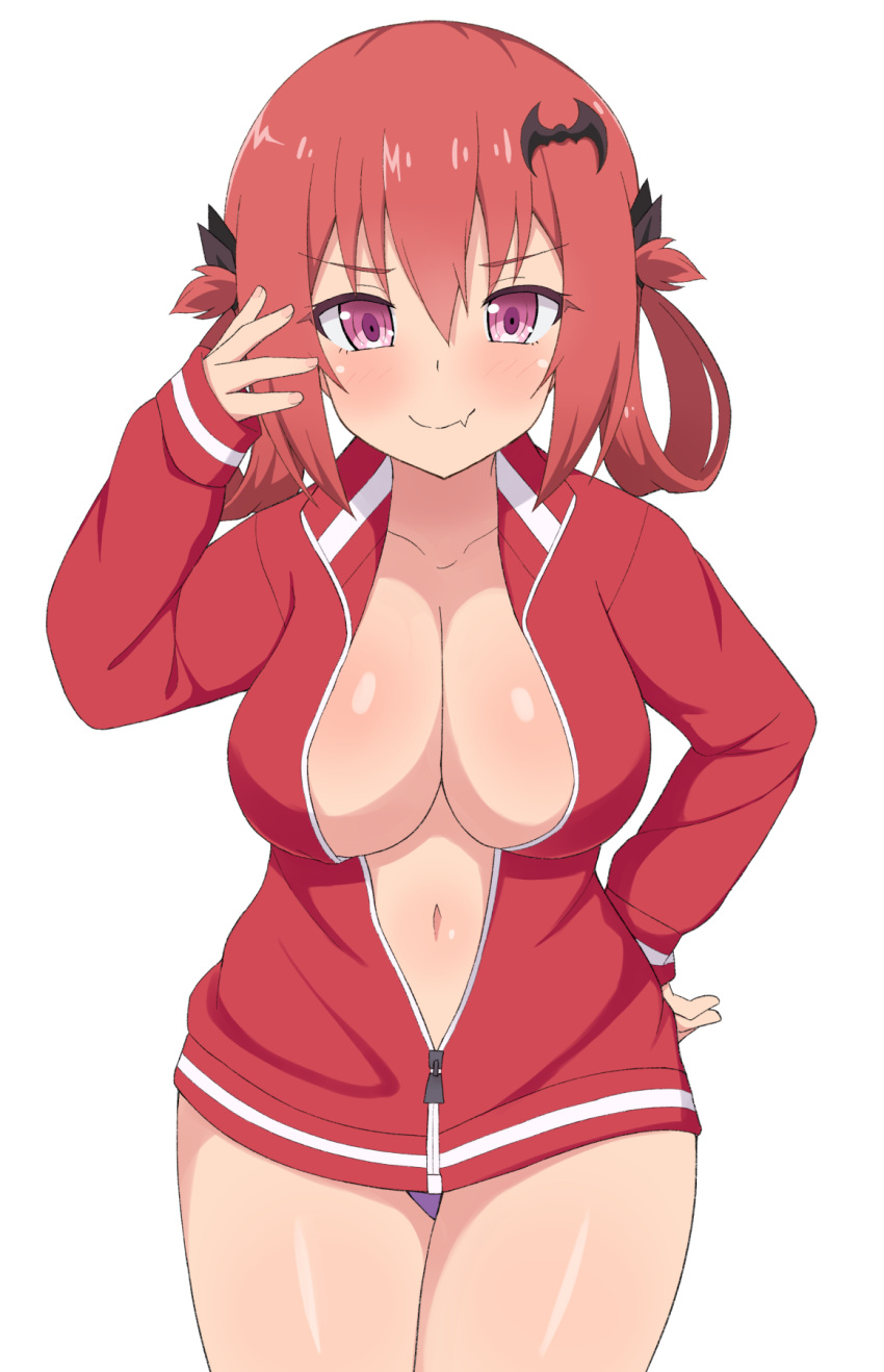1girl bat_hair_ornament big_breasts blush breasts cleavage closed_mouth collarbone cowboy_shot fang gabriel_dropout hair_between_eyes hair_ornament hair_rings hand_on_own_hip hand_up high_res jacket long_sleeves looking_at_viewer navel nervous_smile no_bra no_pants nyaroon open_clothes open_jacket panties purple_eyes purple_panties red_hair red_jacket satanichia_kurumizawa_mcdowell shiny_skin simple_background skin_fang sleeves_past_wrists smile thighs underwear unzipped white_background wide_hips zipper zipper_pull_tab