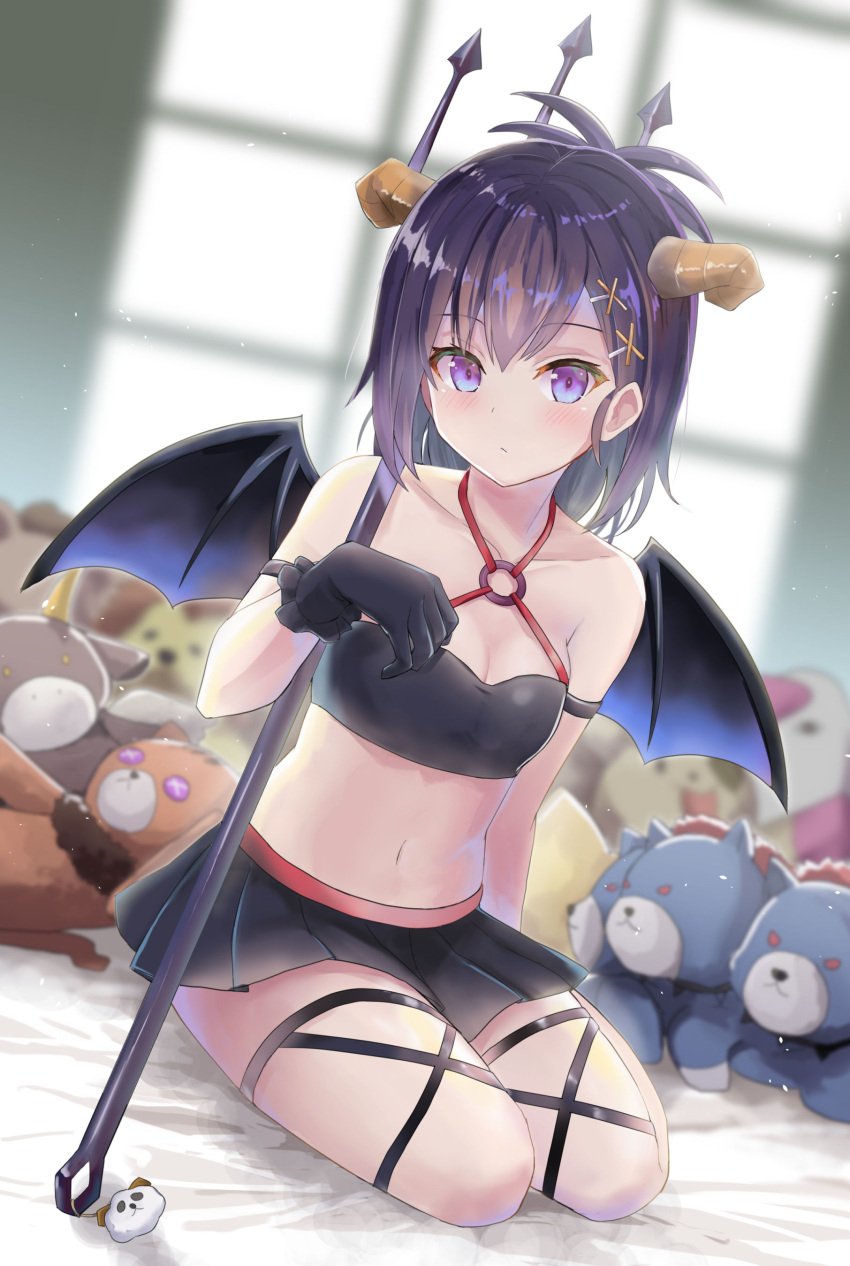 1girl absurd_res bare_shoulders black_gloves black_skirt black_wings blush breasts cleavage collarbone criss-cross_halter crop_top demon_girl demon_horns demon_wings expressionless full_body gabriel_dropout gloves groin hair_ornament hairclip hallelujah_essaim halterneck high_res holding holding_polearm holding_weapon horns indoors keychain looking_at_viewer medium_hair midriff miniskirt navel o-ring o-ring_top pleated_skirt polearm purple_eyes purple_hair seiza sitting skirt stuffed_animal stuffed_toy tenma-gav trident vignette_tsukinose_april weapon wings x_hair_ornament
