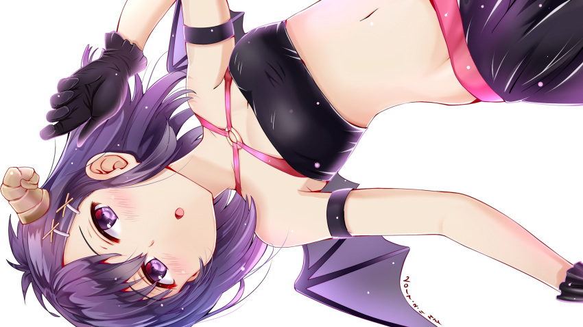 1girl bandeau bare_shoulders black_gloves blush breasts commentary_request demon_girl demon_horns demon_wings gabriel_dropout gloves hair_ornament hallelujah_essaim high_res horns itsuki_masa looking_at_viewer midriff navel o-ring o-ring_top open_mouth purple_eyes purple_hair short_hair simple_background skirt small_breasts strapless vignette_tsukinose_april white_background wings x_hair_ornament