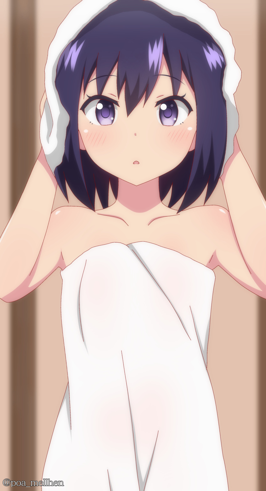 1girl 1girl absurd_res bad_id bad_pixiv_id bare_shoulders blush collarbone gabriel_dropout hands_up high_res looking_at_viewer naked_towel open_mouth poa_mellhen purple_eyes purple_hair short_hair towel towel_on_head twitter_username upper_body vignette_tsukinose_april