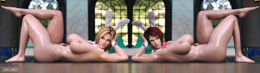 2girls alluring athletic_female bare_legs big_breasts bunny_ears_headband dead_or_alive dead_or_alive_2 dead_or_alive_3 dead_or_alive_4 dead_or_alive_5 dead_or_alive_6 dead_or_alive_xtreme dead_or_alive_xtreme_2 dead_or_alive_xtreme_3_fortune dead_or_alive_xtreme_beach_volleyball female_abs fit_female loveluv69 mila_(doa) nude on_table pin_up tecmo tina_armstrong