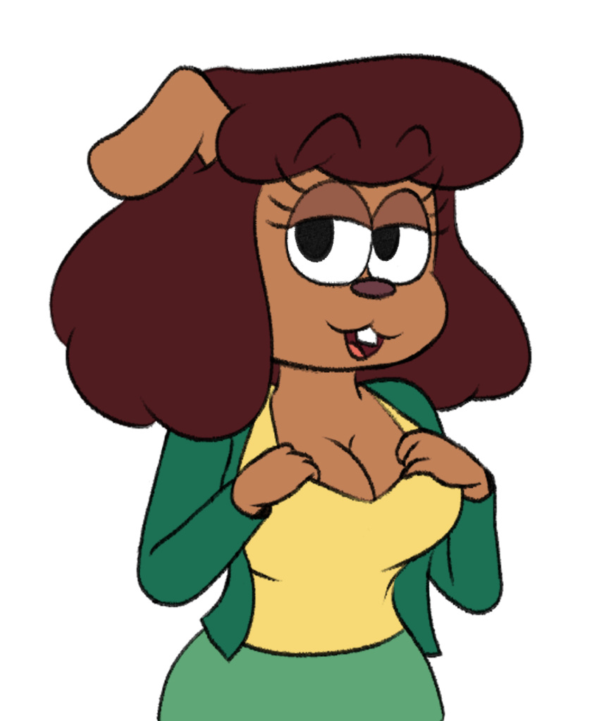 1girl anthro brown_hair buckteeth canid canine canis carla_(ok_k.o.!_lbh) cartoon_network cleavage dog dog_girl domestic_dog female_only fully_clothed furry half-closed_eyes high_res jacket looking_at_viewer mammal marcodile ok_k.o.!_let's_be_heroes open_mouth pencil_skirt shirt short_hair simple_background skirt smile teasing tongue white_background