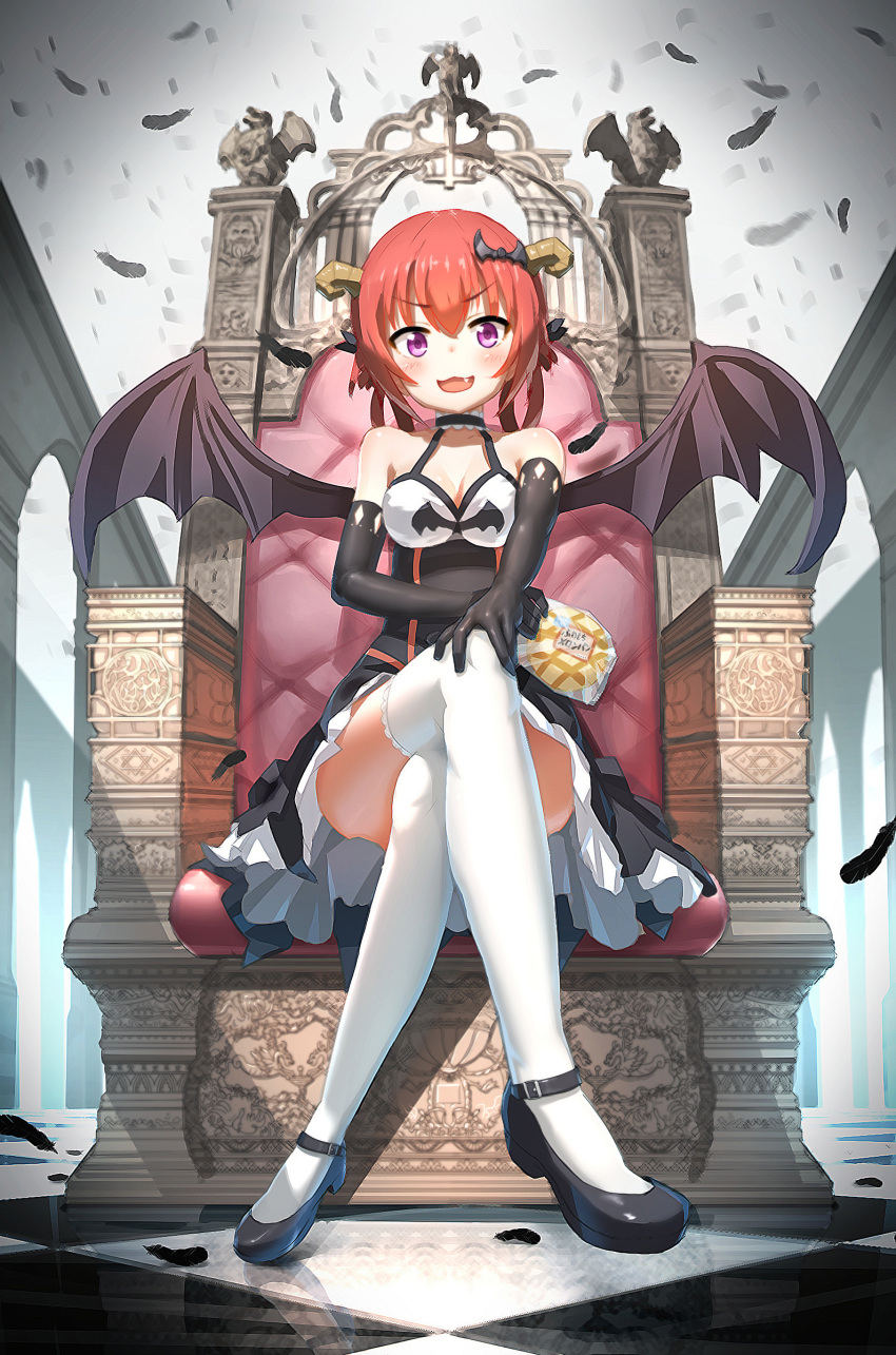1girl 1girl :3 absurd_res ayatarosu bad_id bad_pixiv_id bare_shoulders bat_hair_ornament black_dress black_feathers black_footwear black_gloves blush bread breasts checkered_floor cleavage collarbone column commentary_request crossed_legs demon_girl demon_horns demon_wings dress elbow_gloves eyebrows fang feathers food foreshortening frills from_below full_body gabriel_dropout gargoyle gloves hair_ornament hair_rings hallelujah_essaim halter_dress halterneck hand_on_own_knee high_res holding holding_food horns indoors layered_skirt long_hair looking_at_viewer mary_janes medium_breasts melon_bread open_mouth petticoat photoshop_(medium) pillar purple_eyes red_hair reflection satanichia_kurumizawa_mcdowell shadow shoes sitting skirt smile stockings throne tsurime v-shaped_eyebrows white_thighhighs wings zettai_ryouiki