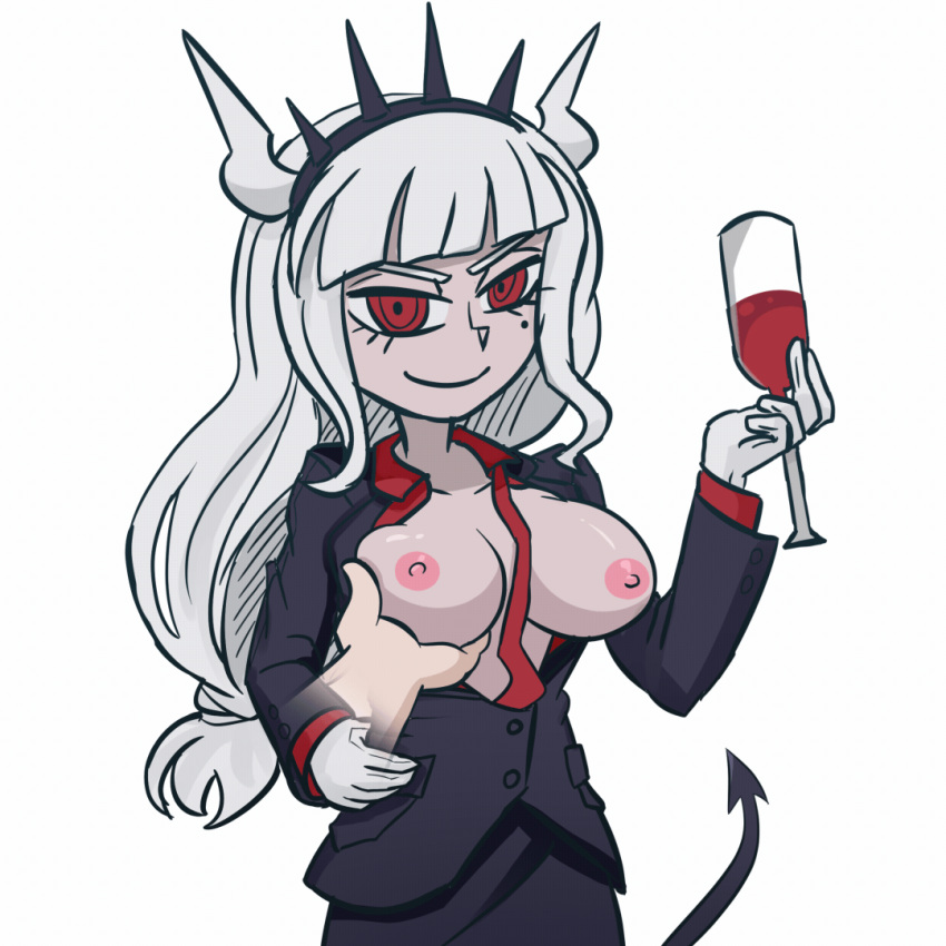 1:1_aspect_ratio 1girl 1girl alcohol bangs between_breasts big_breasts blunt_bangs breast_grab breasts breasts_out_of_clothes business_suit clothing cup demon_girl demon_tail drink formal gif gloves groping hairband helltaker horns jacket kashikoma long_hair looking_at_viewer low-tied_long_hair lucifer_(helltaker) mole mole_under_eye neck_tie necktie_between_breasts nipples open_clothes red_eyes sidelocks smile solo_focus spiked_hairband spikes suit tail tail_wagging tied_hair undone_necktie white_hair wine wine_glass