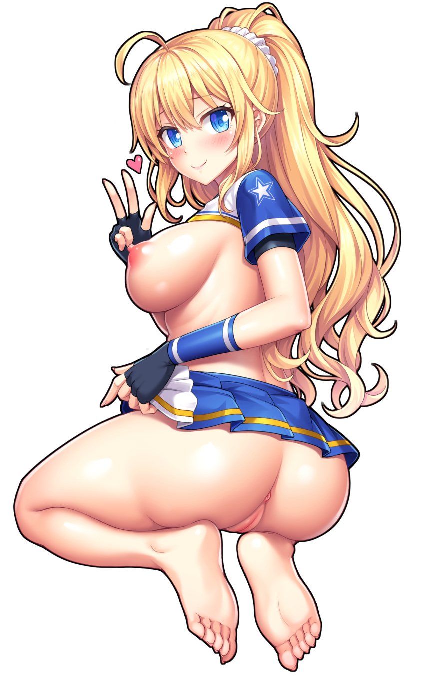 1girl ahoge alternate_costume anus areola arm_warmers ass back bangs big_breasts bikini black_gloves blonde blue_eyes blue_shirt blue_skirt blush breasts breasts_out_of_clothes cameltoe closed_mouth crop_top erect_nipples eyebrows_visible_through_hair eyelashes female_only fingerless_gloves fingernails from_behind full_body gloves hachigatsu_no_cinderella_nine hair_between_eyes hair_ornament hair_scrunchie hand_up heart high_resolution lambda_(kusowarota) lifted_by_self long_hair looking_at_viewer looking_back micro_bikini miniskirt multicolored_shirt multicolored_skirt nail_polish nipples no_bra nopan nozaki_yuuki pink_nails pleated_skirt ponytail posterior_cleavage puffy_areolae pussy scrunchie seiza shiny shiny_skin shirt short_sleeves sidelocks silver_hair simple_background sitting skirt skirt_lift skirt_lifted_by_self smile soles solo_female swimsuit tied_hair toenails toes twisted_neck twisted_torso uncensored uncensored_vagina v-shaped_eyebrows very_high_resolution w wavy_hair white_background wristband